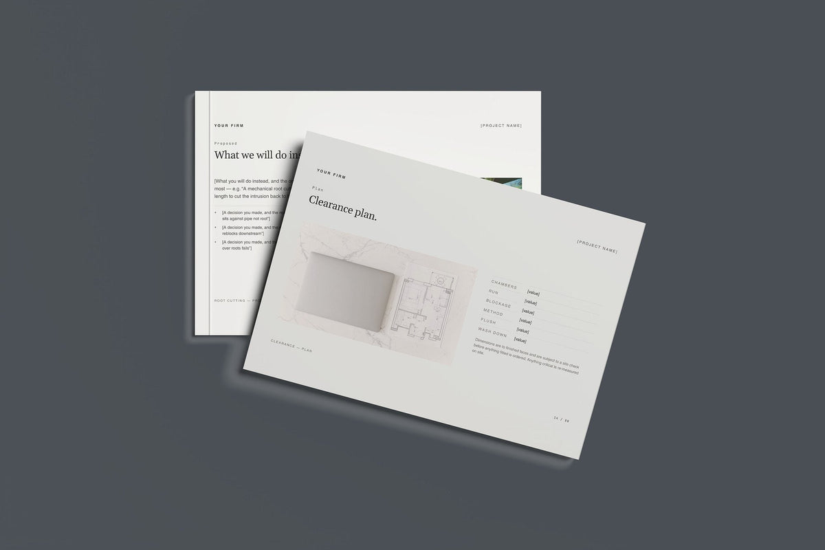 Drain Unblocking and CCTV Survey Client Package, Standard colourway, front and back cover mockup