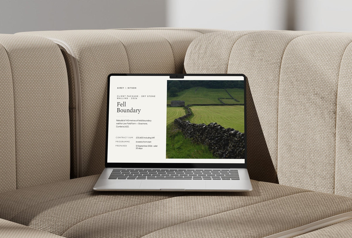 Dry Stone Walling Client Package, Oat colourway, laptop screen mockup