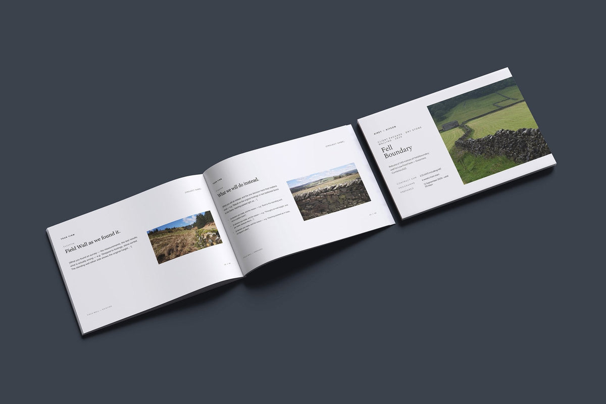 Dry Stone Walling Client Package, Standard colourway, cover and inside spread mockup