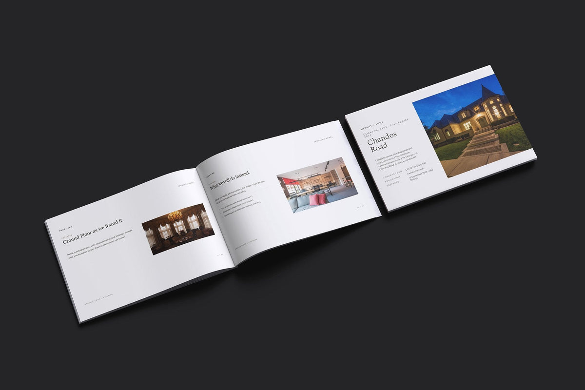 Electrician Client Package, Oat colourway, cover and inside spread mockup