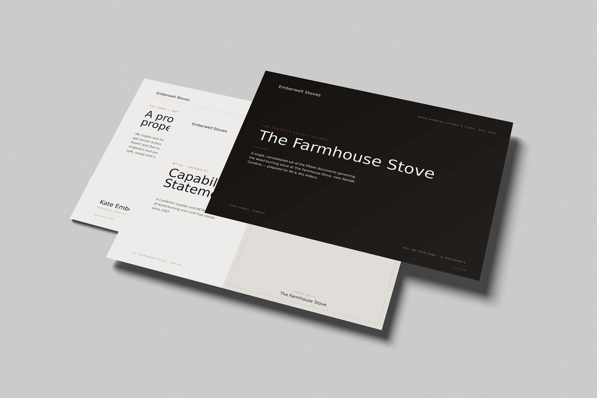 Stove & Flue Installer Project Pack in PowerPoint, printed pages floating