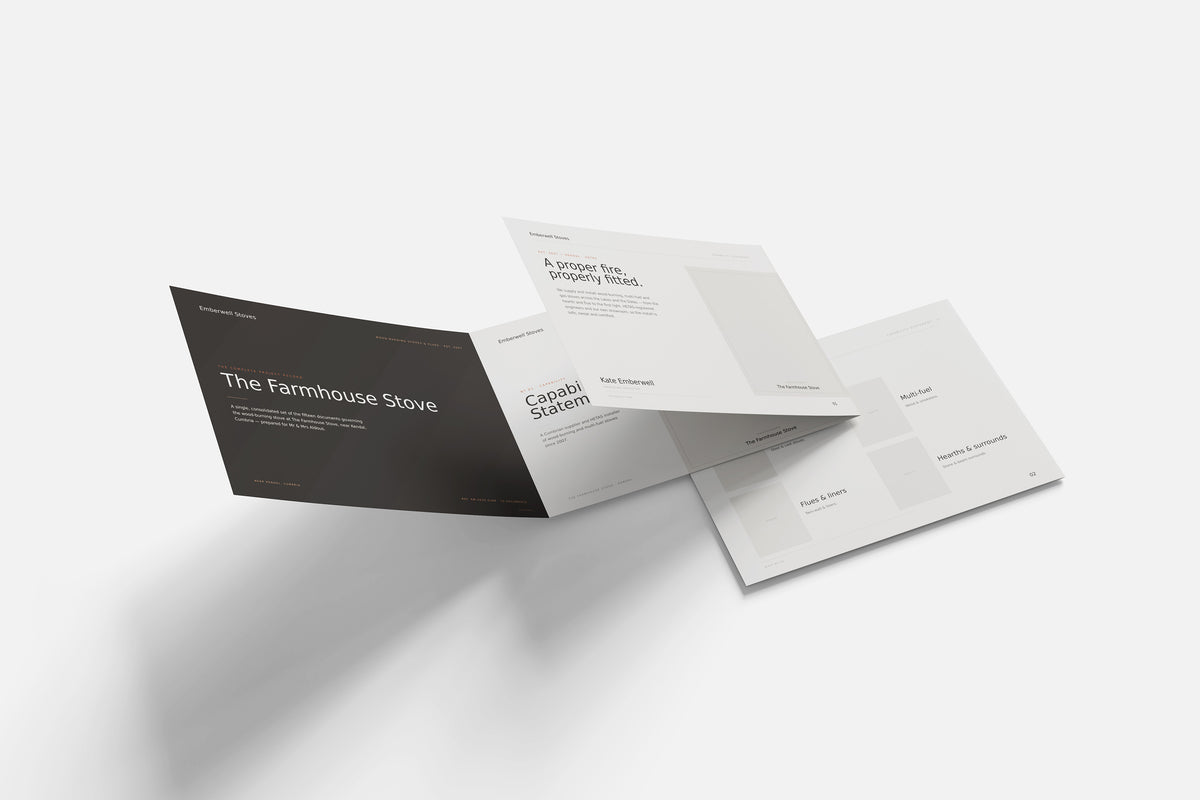 Stove & Flue Installer Project Pack in PowerPoint, printed documents stacked