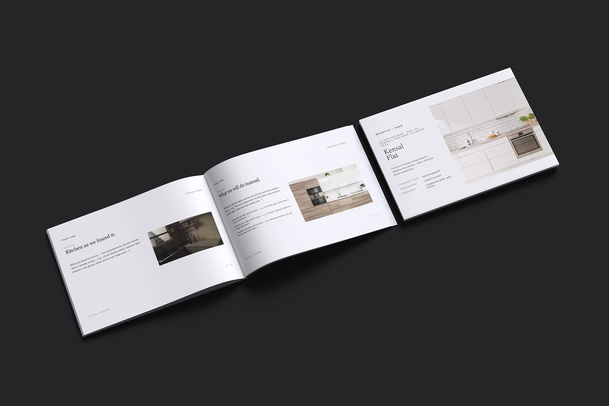 End of Tenancy and Deep Cleaning Client Package, Ivory colourway, cover and inside spread mockup