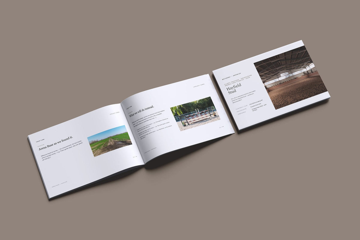 Equestrian Arenas and Stables Client Package, Slate colourway, cover and inside spread mockup