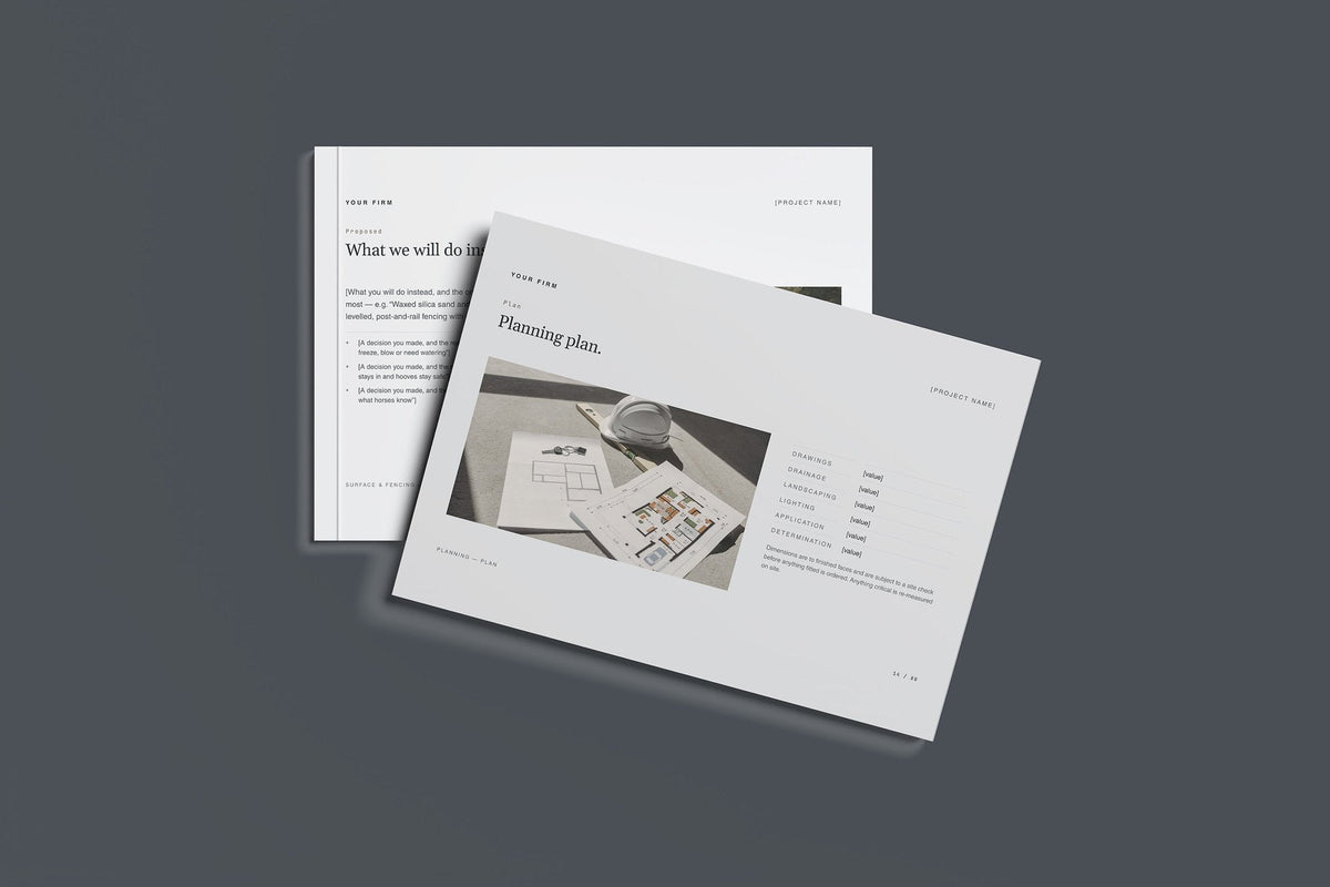 Equestrian Arenas and Stables Client Package, Slate colourway, front and back cover mockup