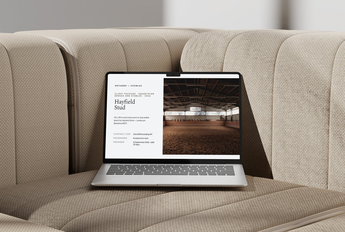 Equestrian Arenas and Stables Client Package, Slate colourway, laptop screen mockup