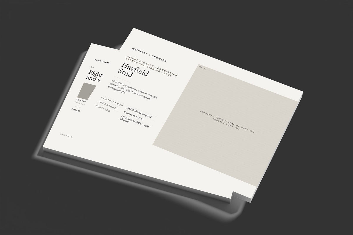 Equestrian Arenas and Stables Client Package, Standard colourway, stacked books mockup