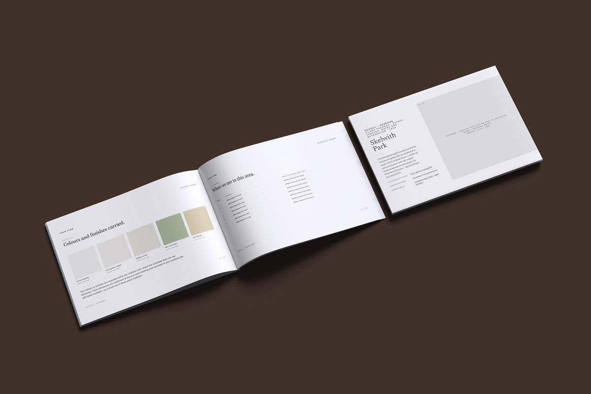 Estate Fencing Client Package, Ivory colourway, cover and inside spread mockup