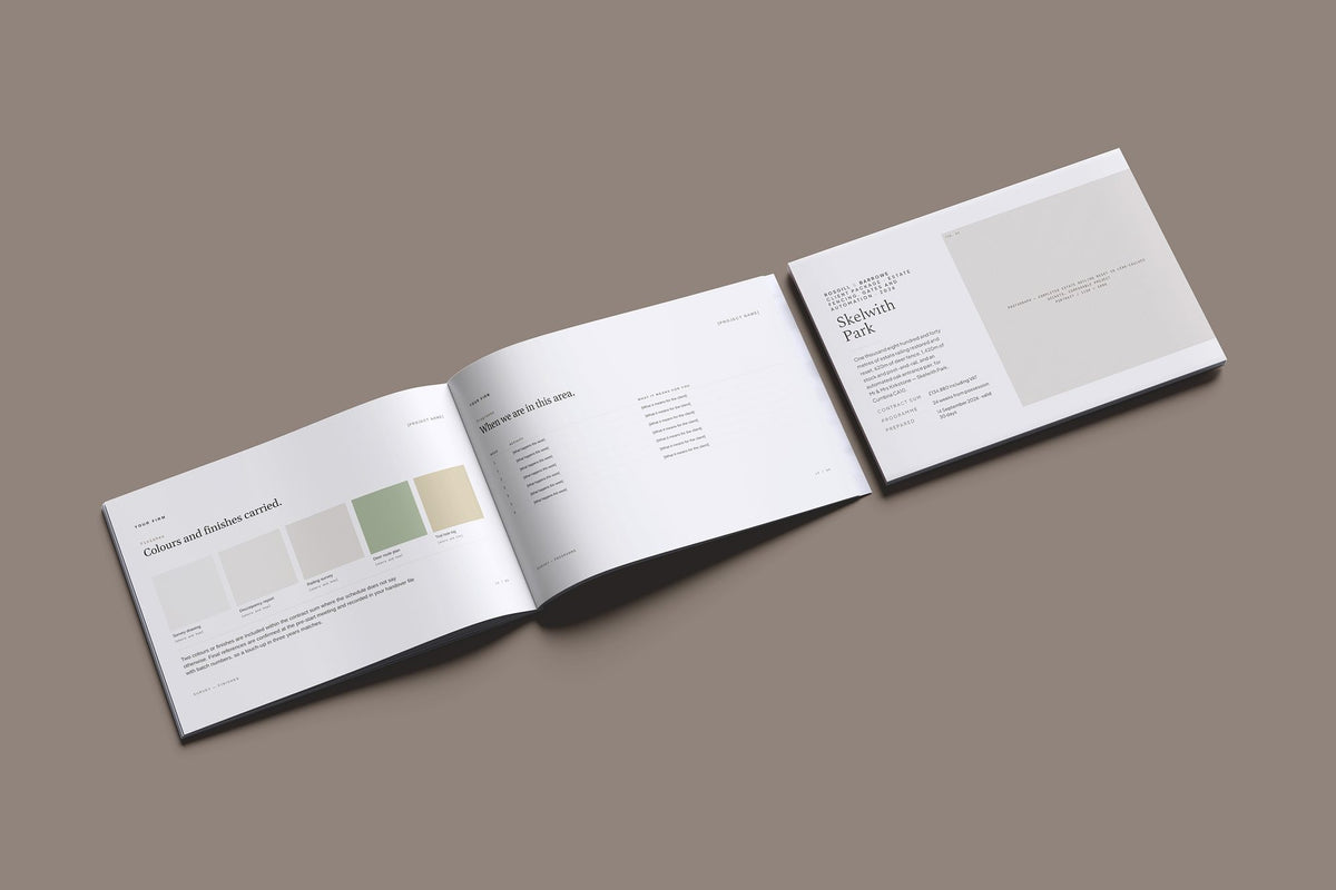 Estate Fencing Client Package, Oat colourway, cover and inside spread mockup