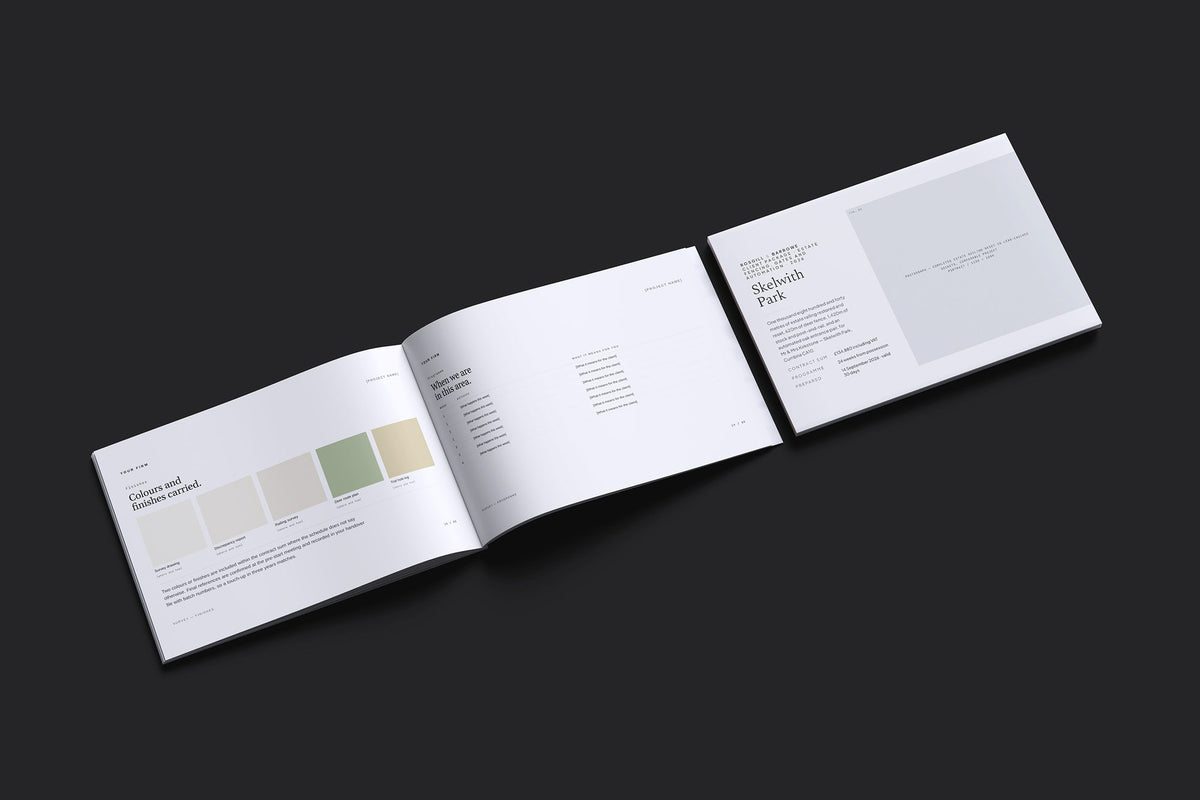 Estate Fencing Client Package, Slate colourway, cover and inside spread mockup