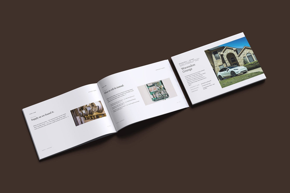 EV Charging Client Package, Ivory colourway, cover and inside spread mockup