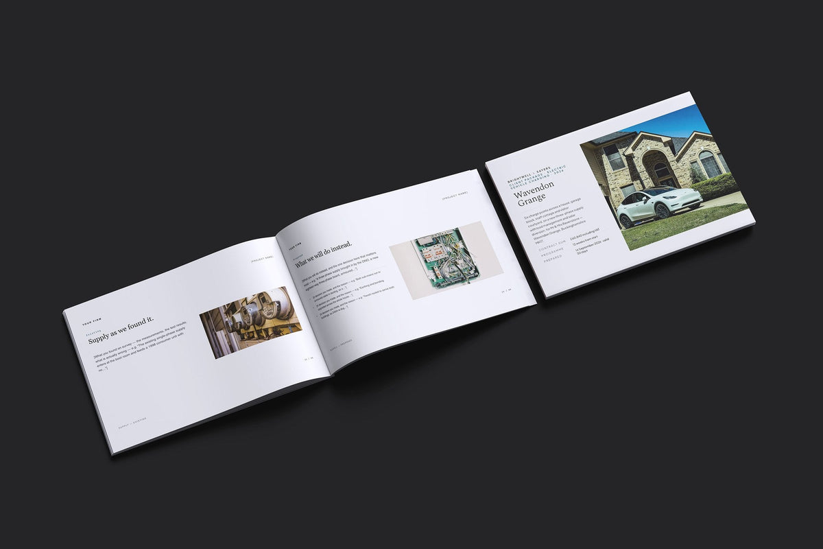 EV Charging Client Package, Slate colourway, cover and inside spread mockup