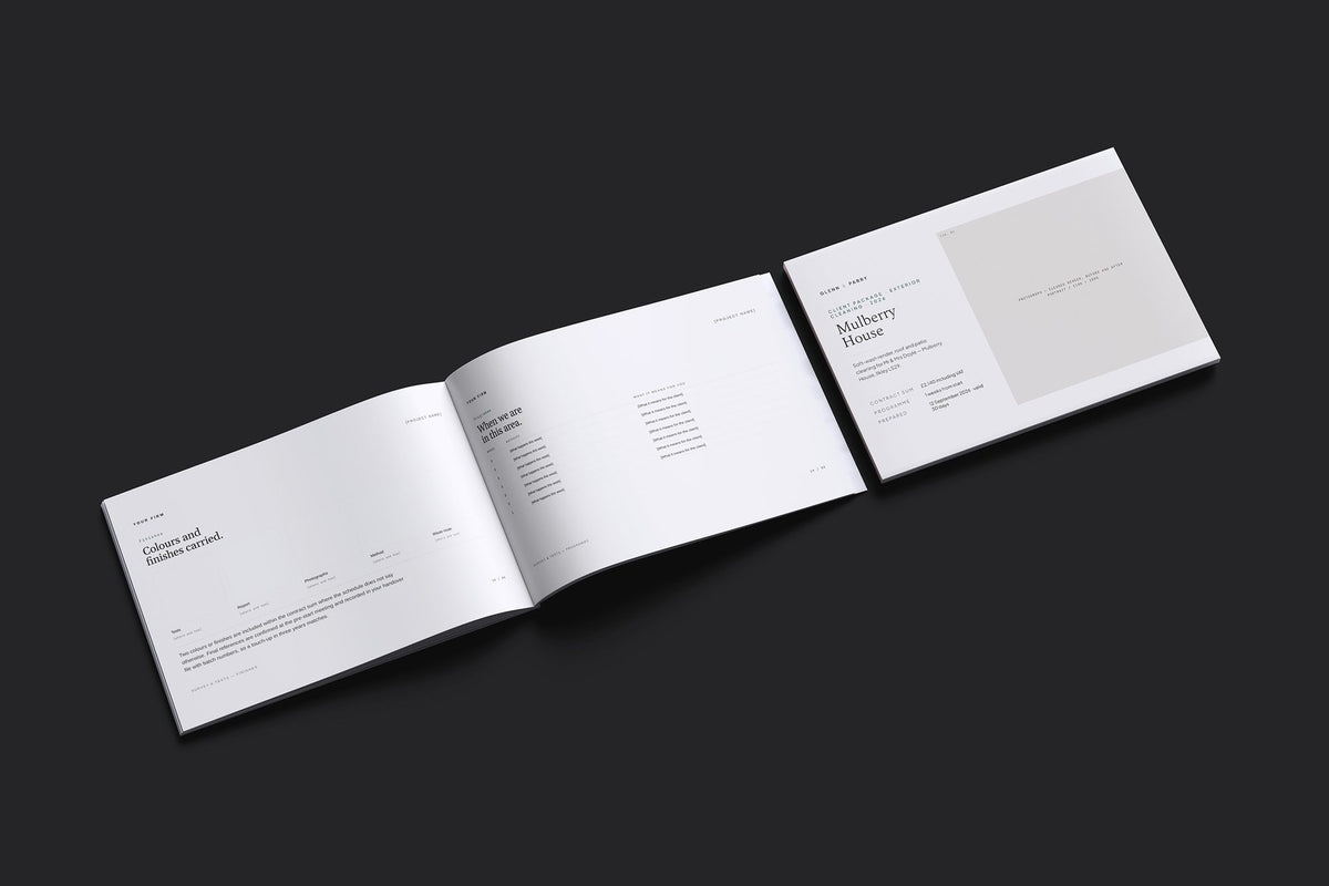Exterior Cleaning Client Package, Standard colourway, cover and inside spread mockup