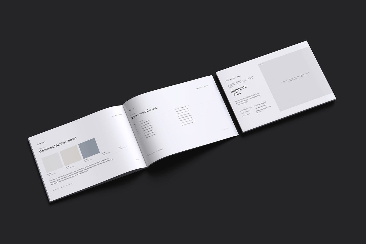 Exterior Painter Client Package, Ivory colourway, cover and inside spread mockup