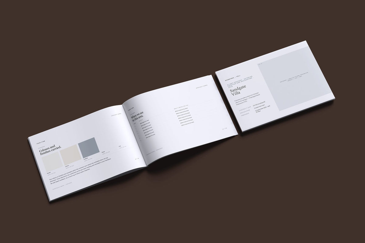 Exterior Painter Client Package, Slate colourway, cover and inside spread mockup