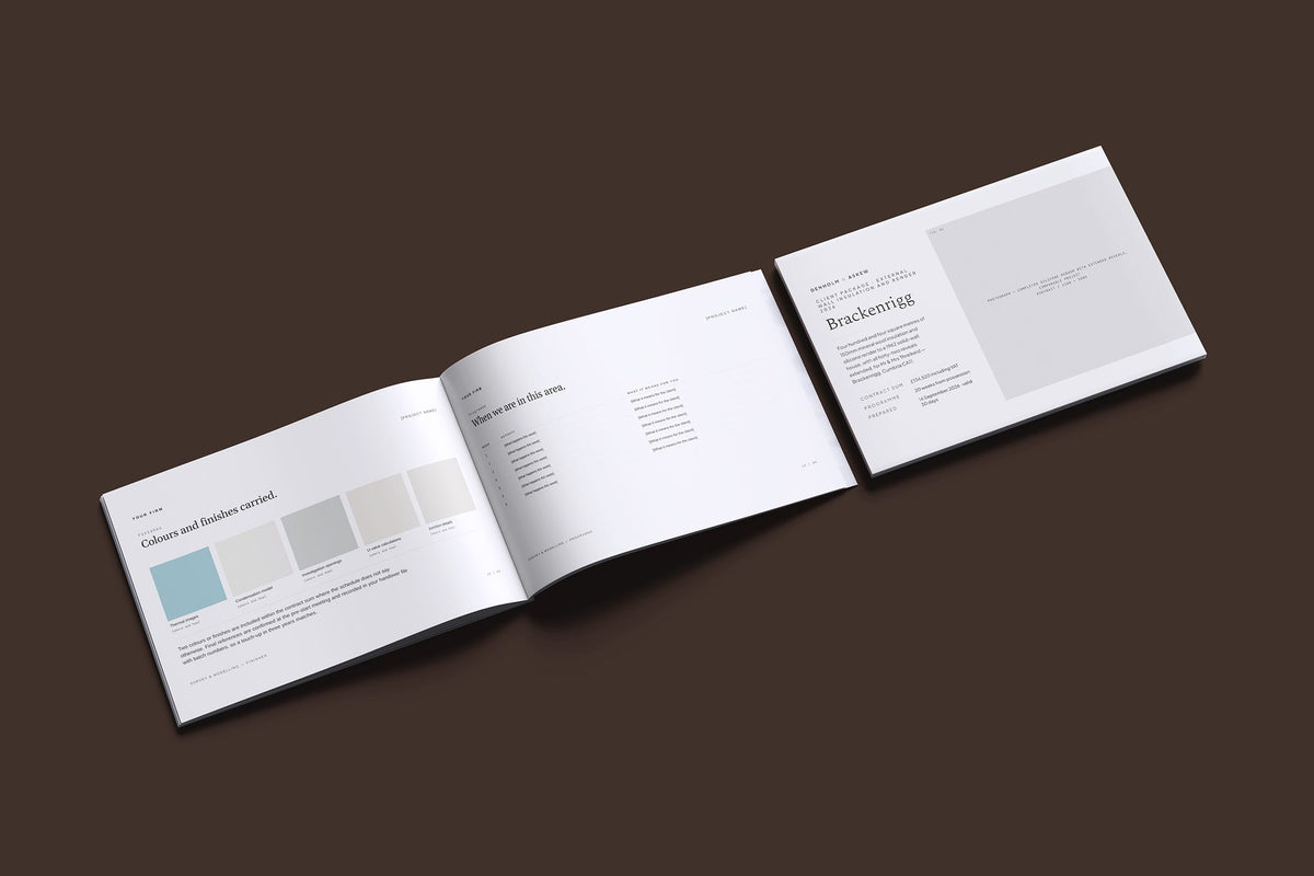 External Wall Insulation Client Package, Ivory colourway, cover and inside spread mockup