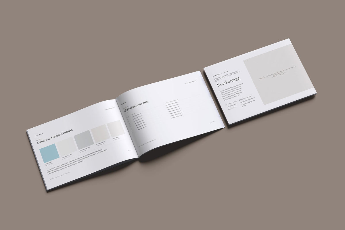 External Wall Insulation Client Package, Oat colourway, cover and inside spread mockup