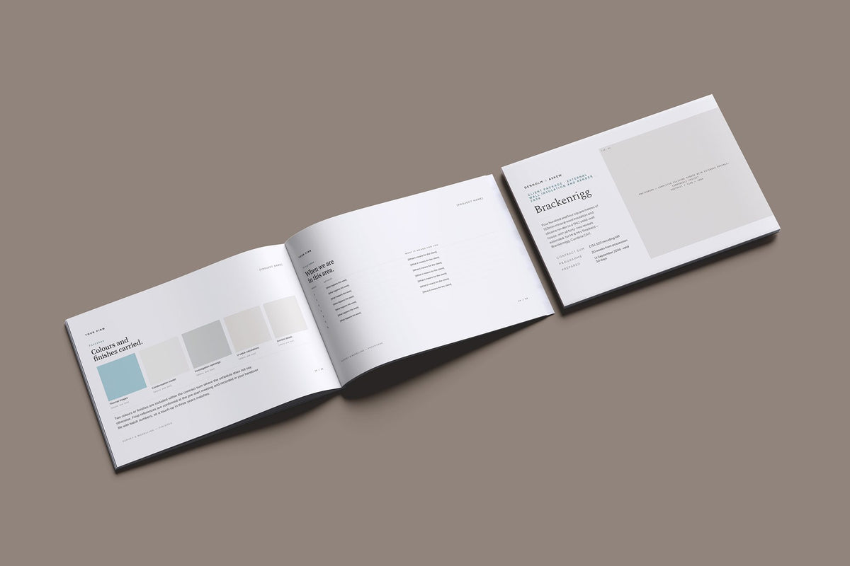 External Wall Insulation Client Package, Standard colourway, cover and inside spread mockup