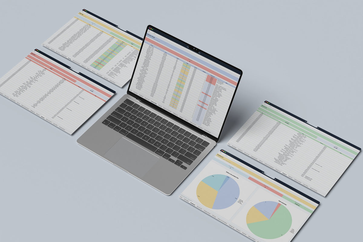 Field Sales Rep OS Excel template, Customer Book tab on a laptop screen