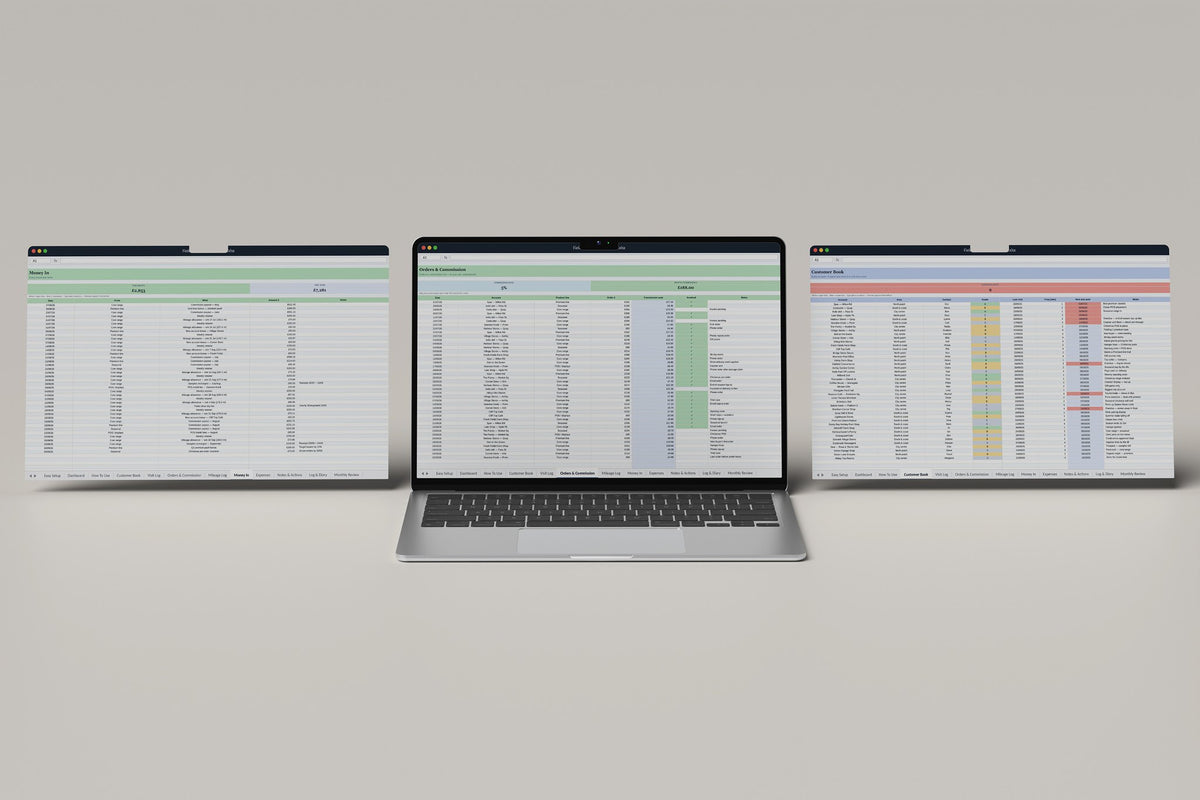Field Sales Rep OS Excel template, Orders and Commission tab on a laptop screen