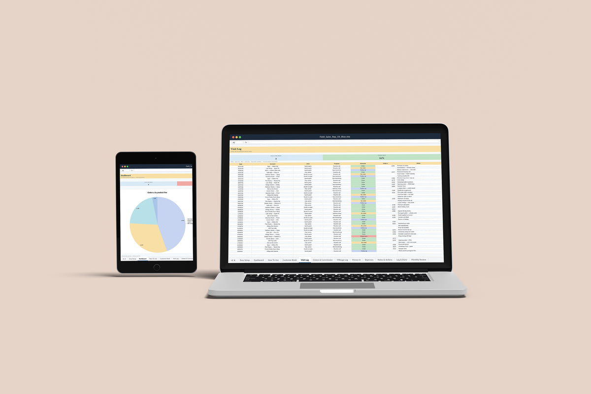 Field Sales Rep OS Excel template on a MacBook and iPad, second view