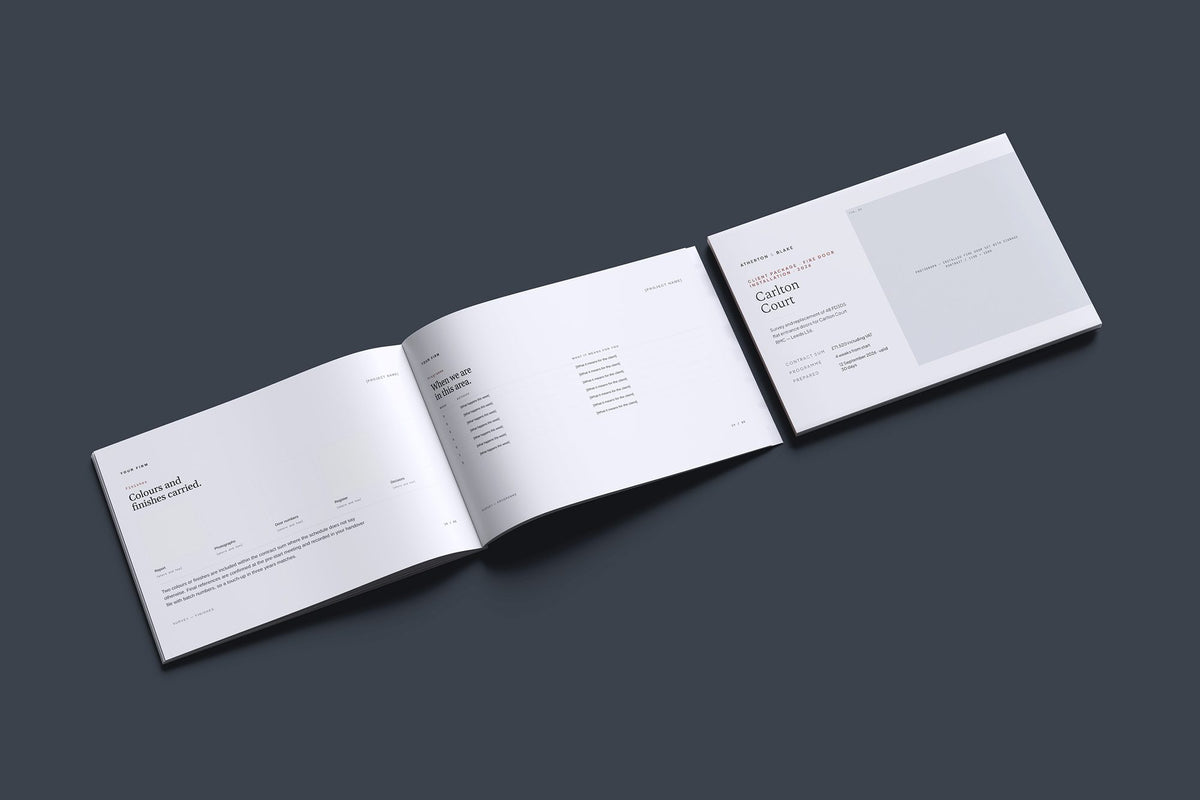 Fire Doors Client Package, Slate colourway, cover and inside spread mockup