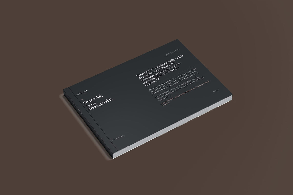 Fire Doors Client Package, Slate colourway, closed magazine mockup