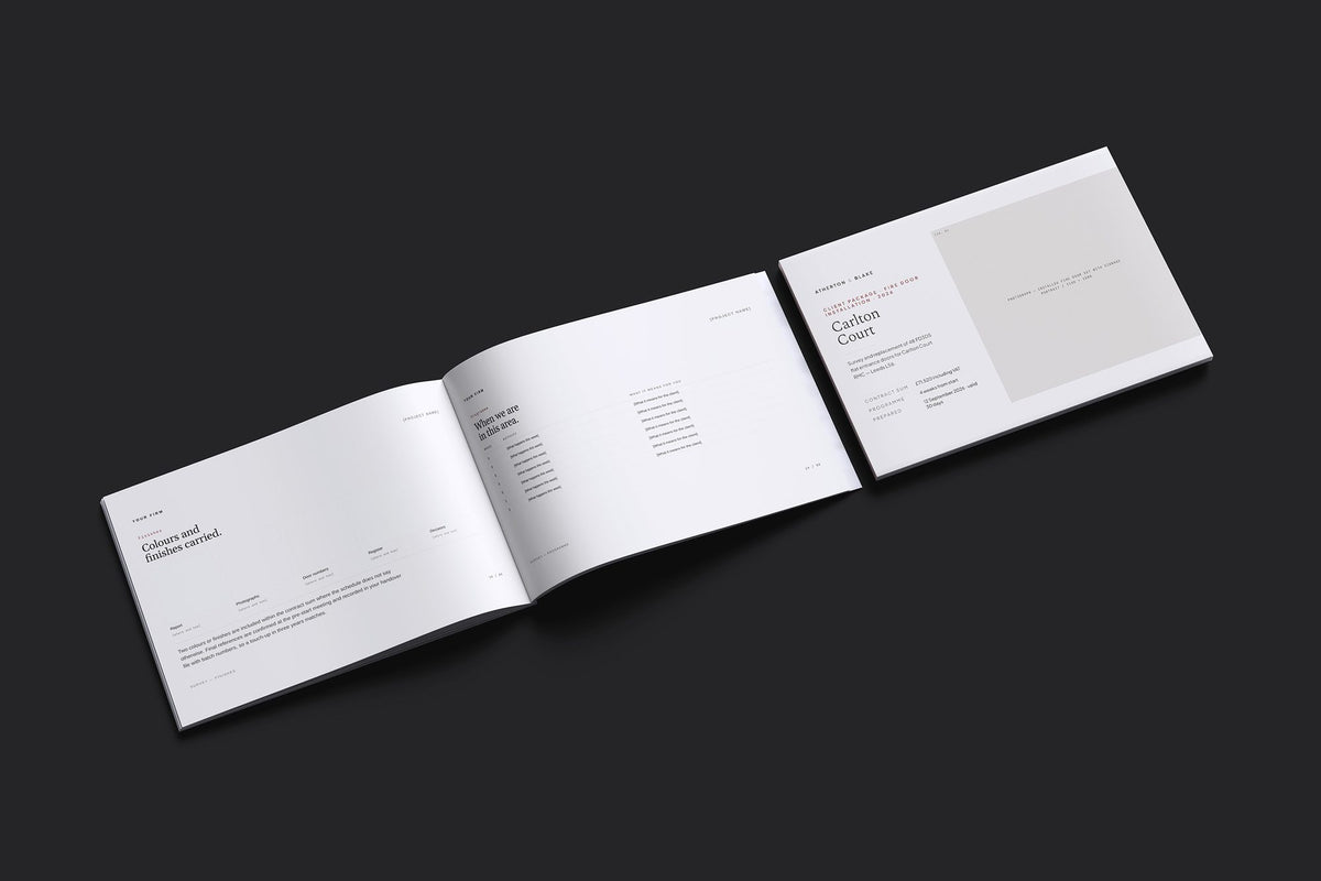 Fire Doors Client Package, Standard colourway, cover and inside spread mockup