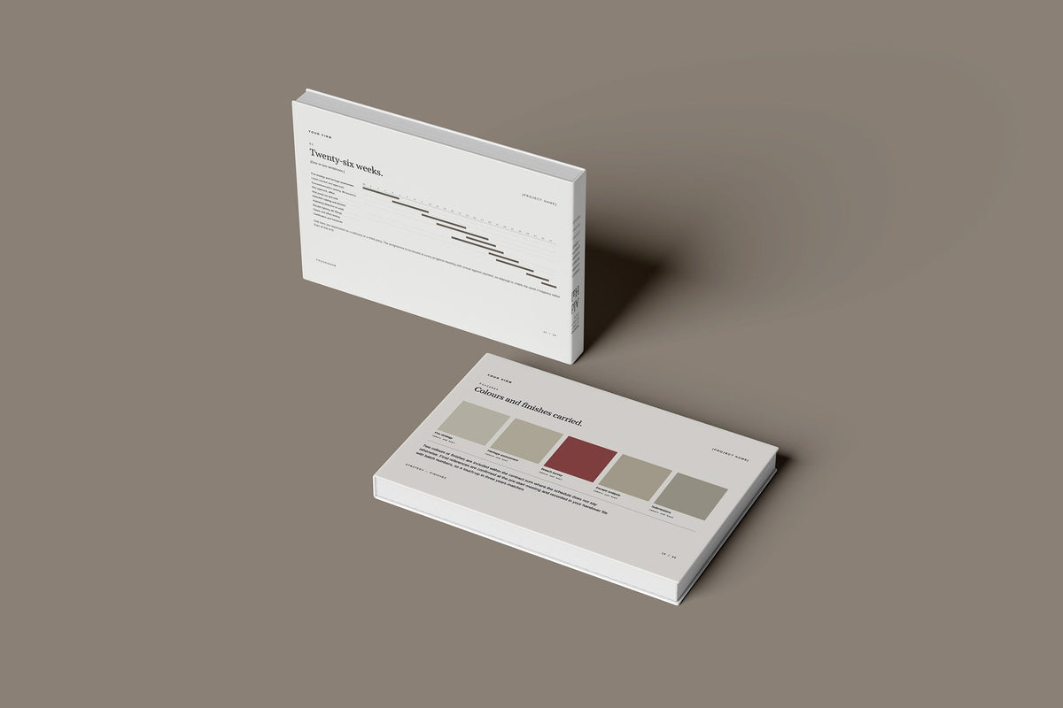 Fire Systems Client Package, Ivory colourway, floating books mockup