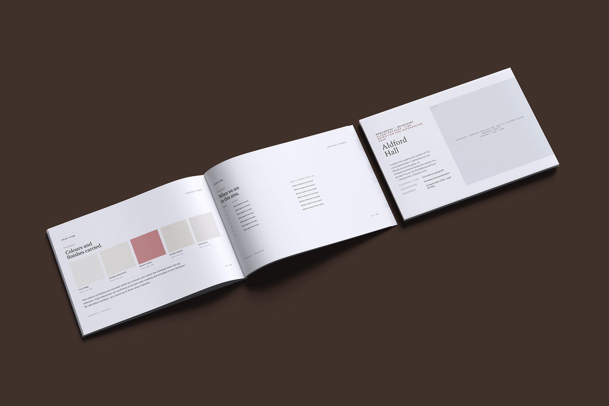 Fire Systems Client Package, Slate colourway, cover and inside spread mockup
