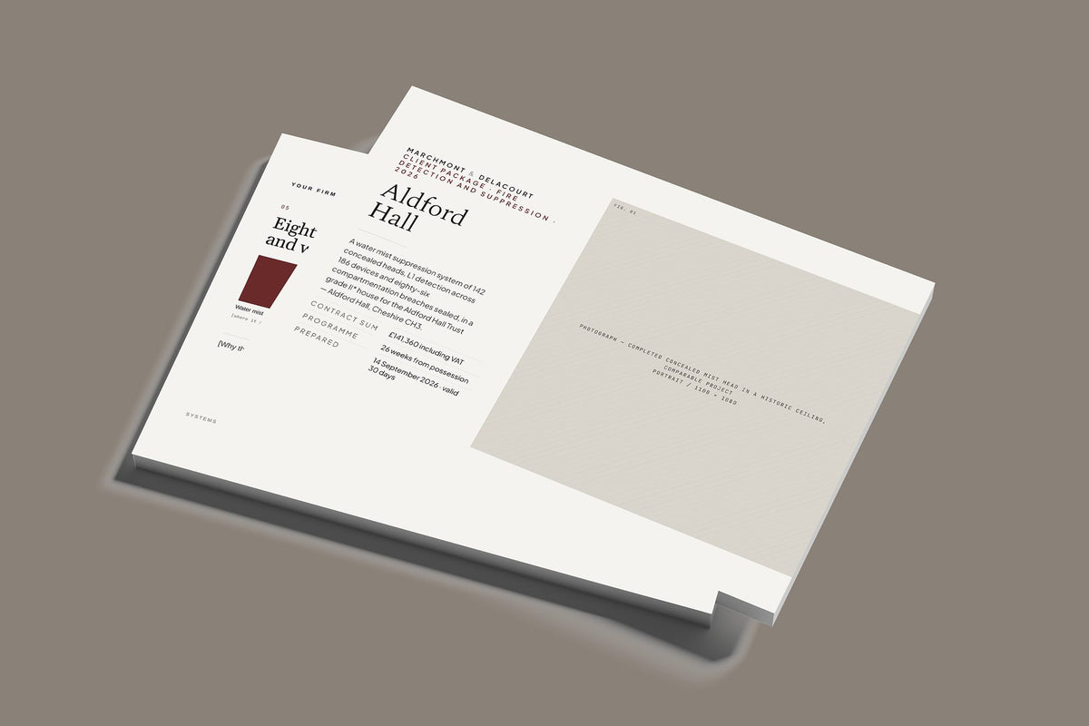 Fire Systems Client Package, Standard colourway, stacked books mockup