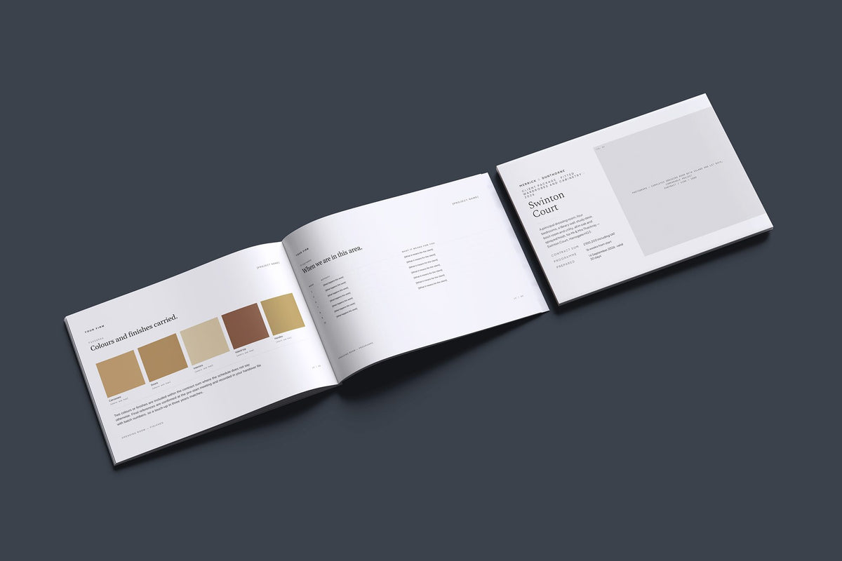 Fitted Wardrobes Client Package, Ivory colourway, cover and inside spread mockup