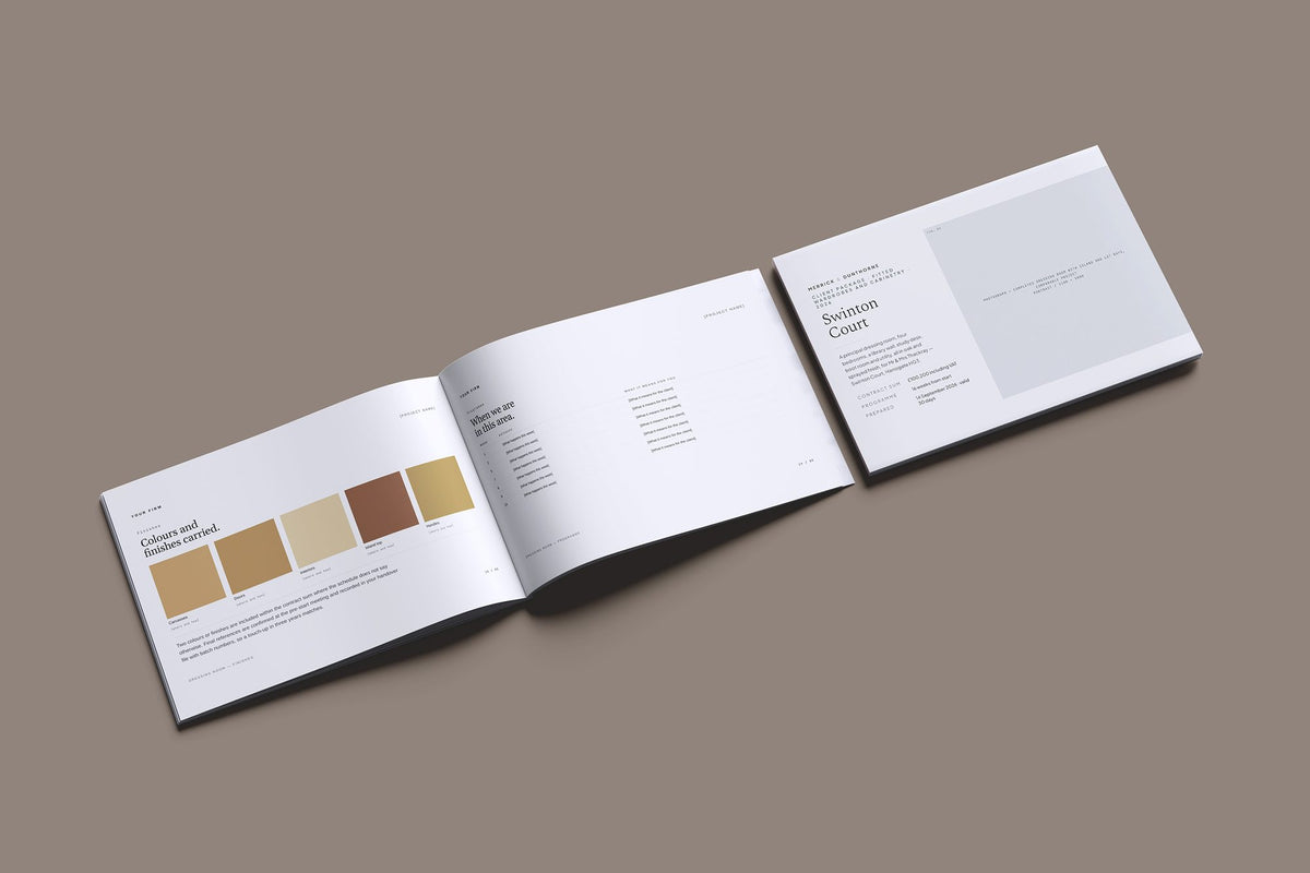 Fitted Wardrobes Client Package, Slate colourway, cover and inside spread mockup