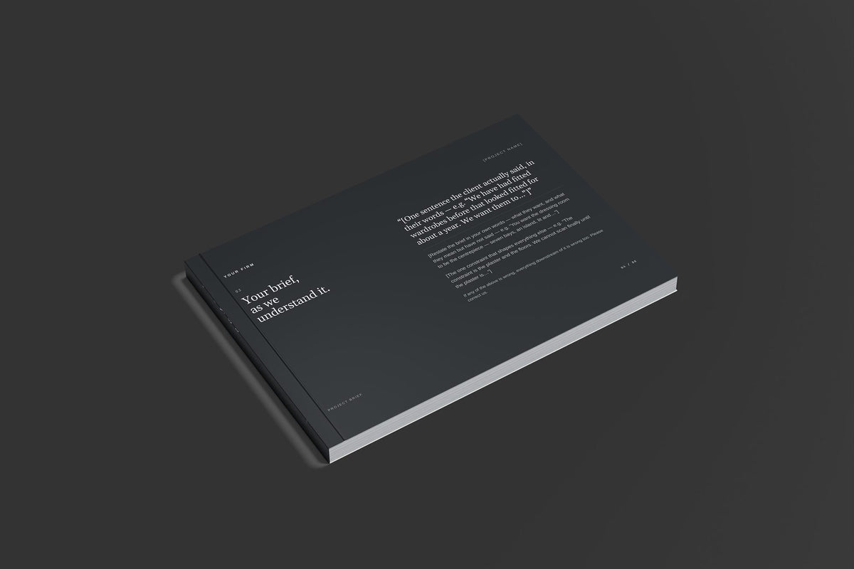 Fitted Wardrobes Client Package, Slate colourway, closed magazine mockup