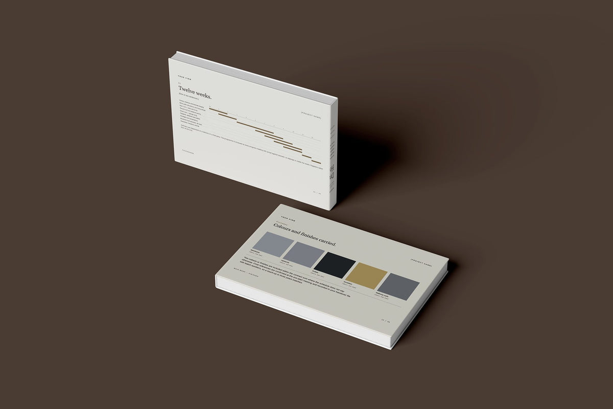 Flat Roofing Client Package, Oat colourway, floating books mockup