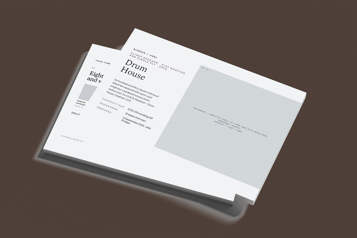 Flat Roofing Client Package, Slate colourway, stacked books mockup