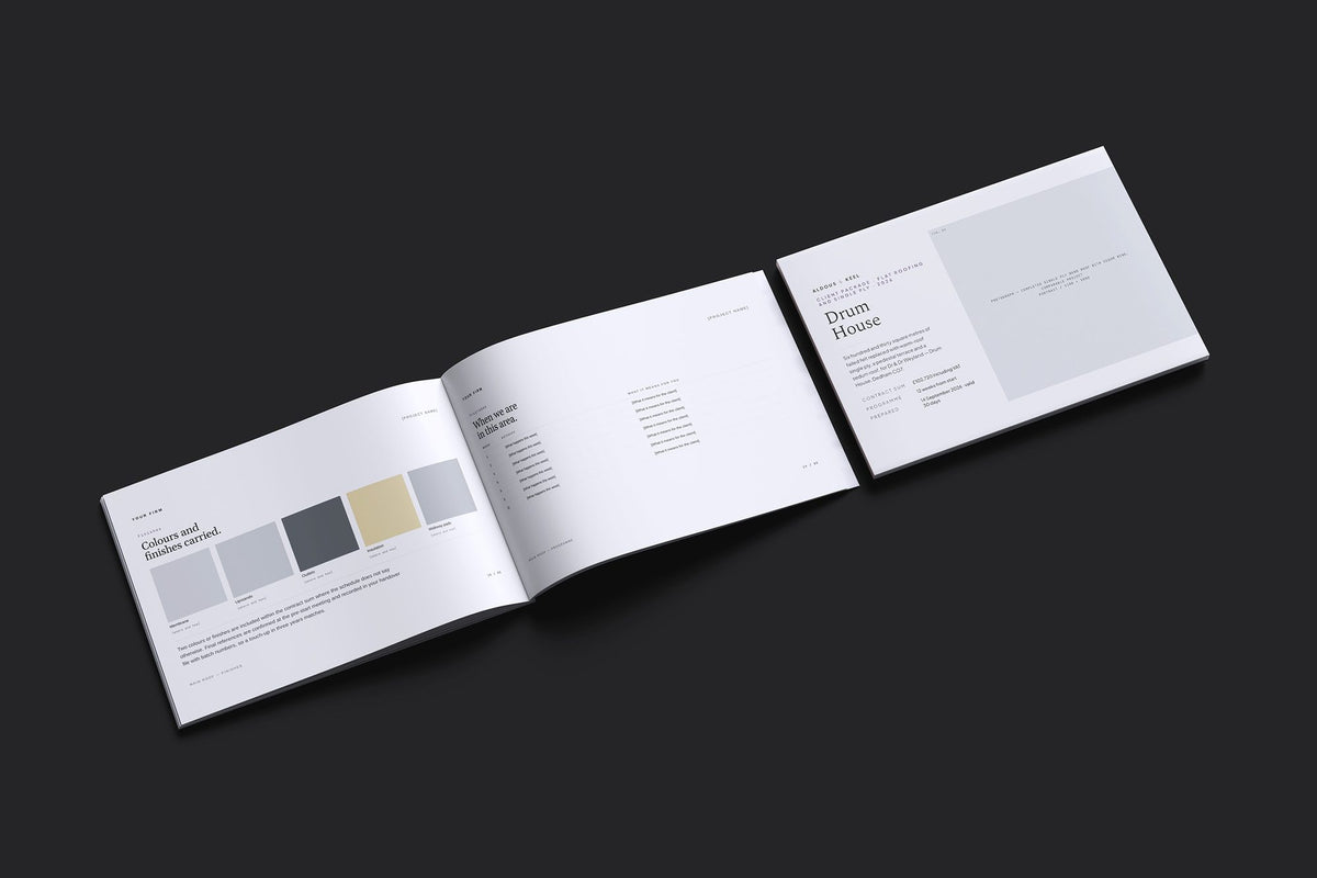 Flat Roofing Client Package, Slate colourway, cover and inside spread mockup