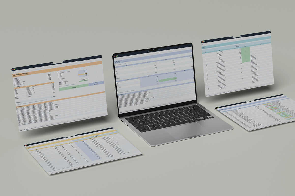 Flip and Refurb Analyser Excel template, Deal Comparison tab on a laptop screen
