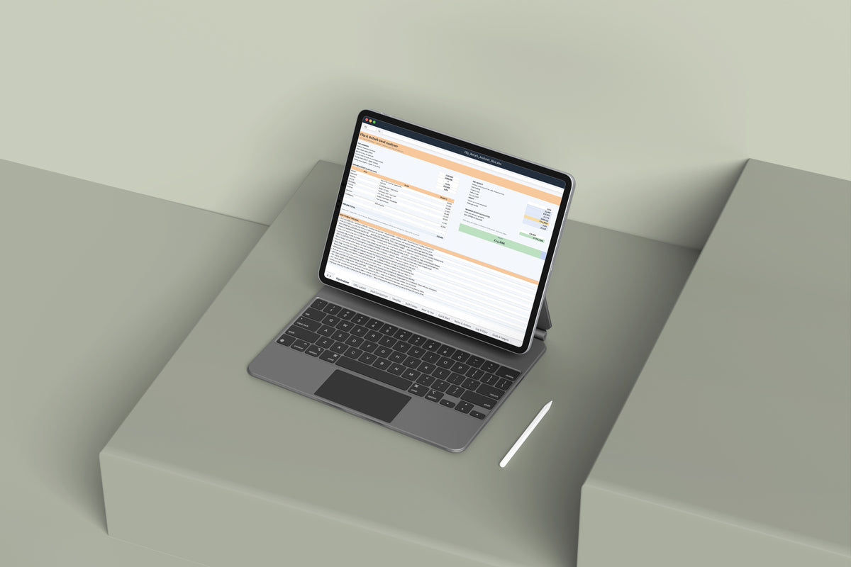 Flip and Refurb Analyser Excel template on an iPad with keyboard