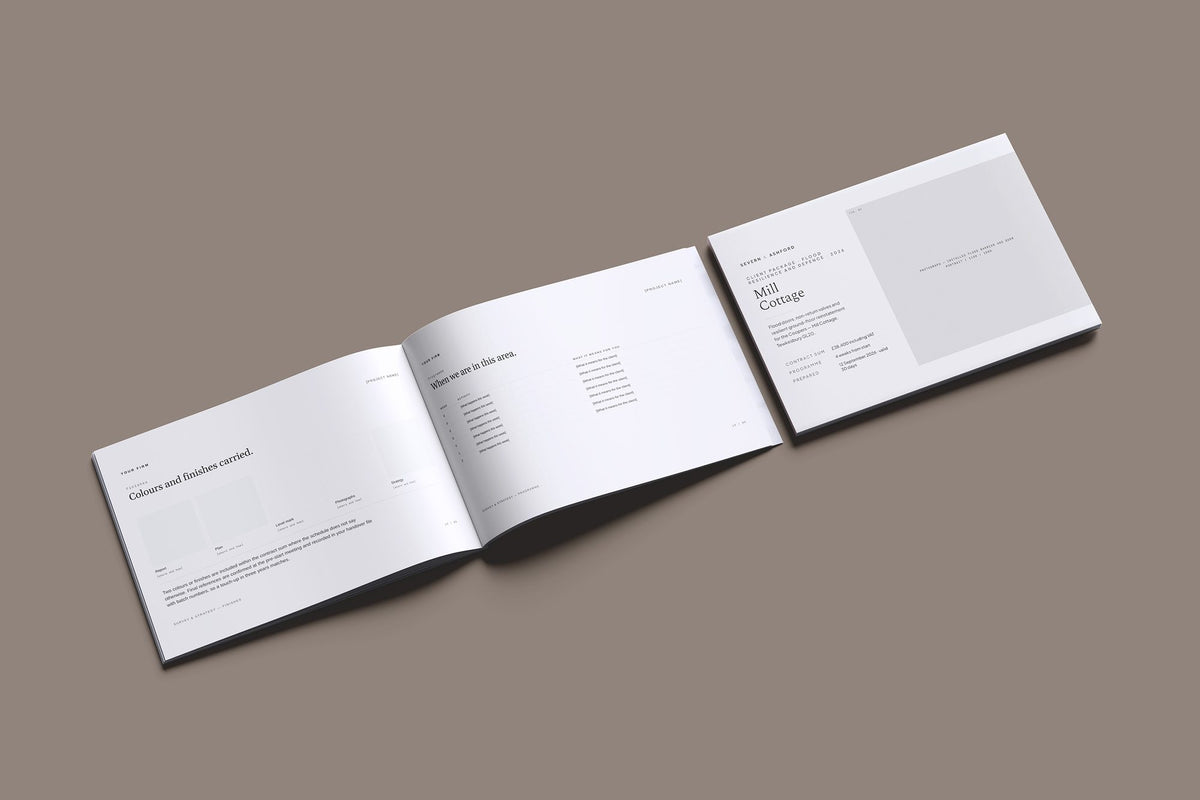 Flood Resilience Client Package, Ivory colourway, cover and inside spread mockup