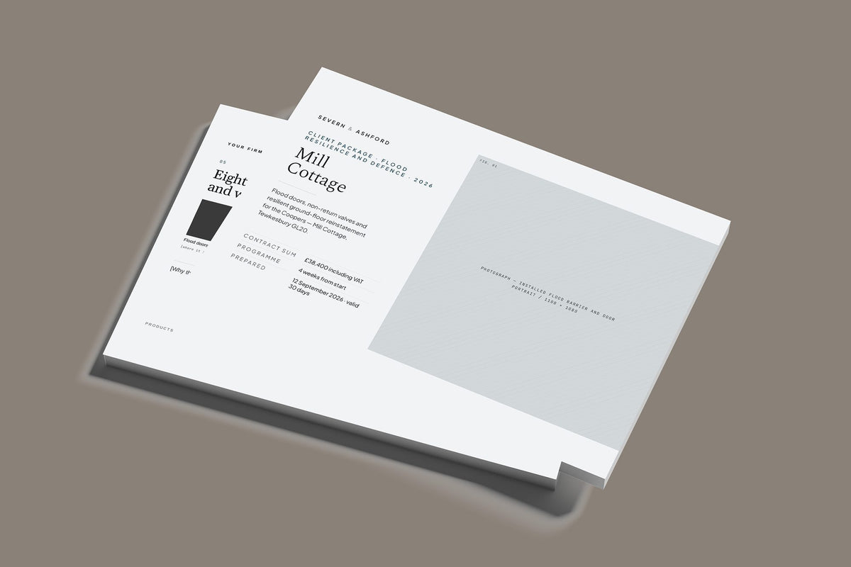Flood Resilience Client Package, Slate colourway, stacked books mockup
