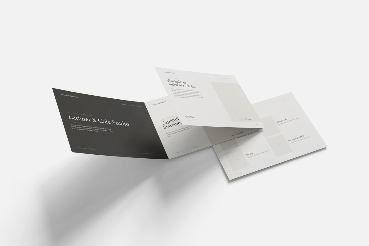 Commercial Fit-Out Contractor Project Pack in PowerPoint, printed documents stacked