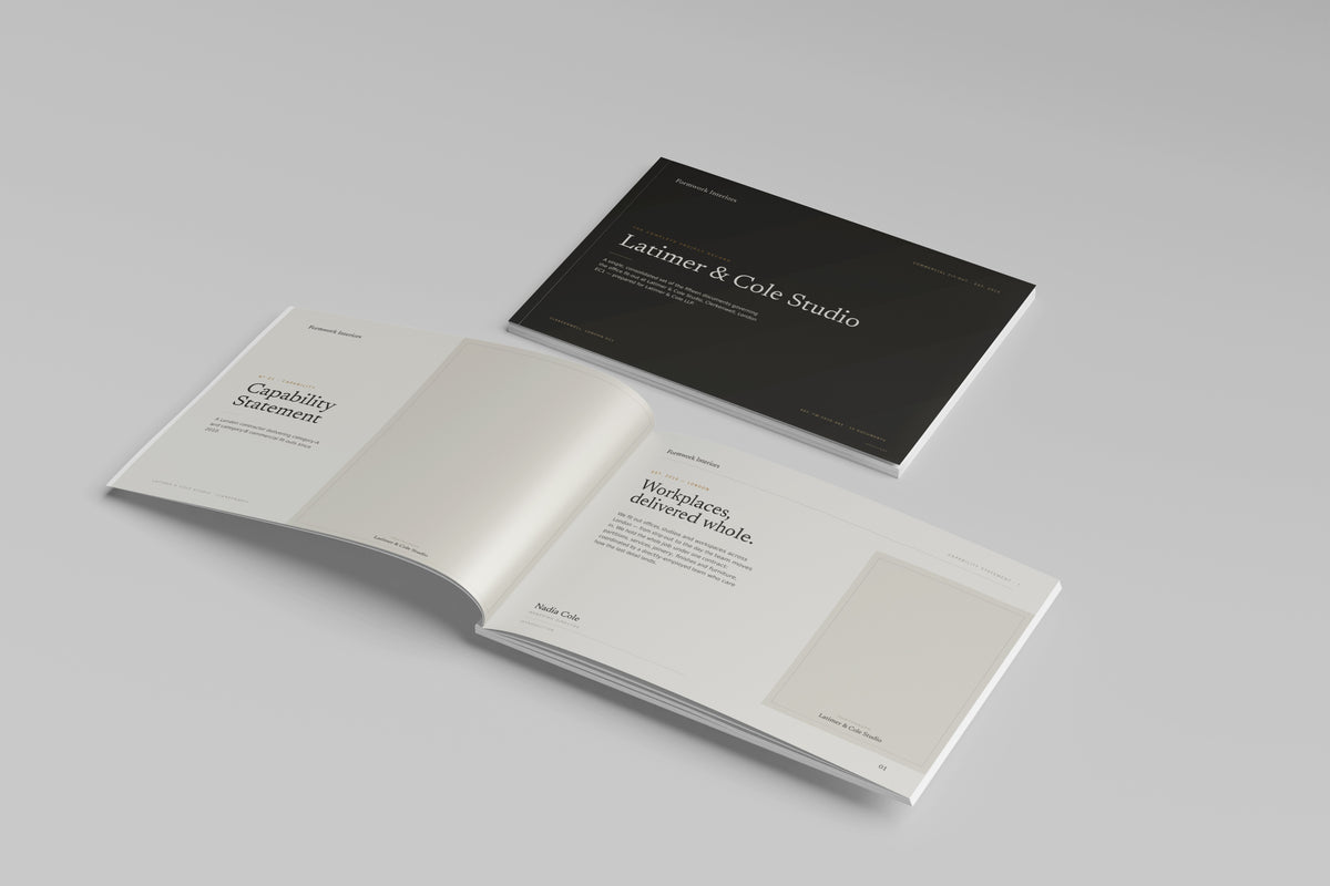 Commercial Fit-Out Contractor Project Pack in PowerPoint, printed cover shown at an angle