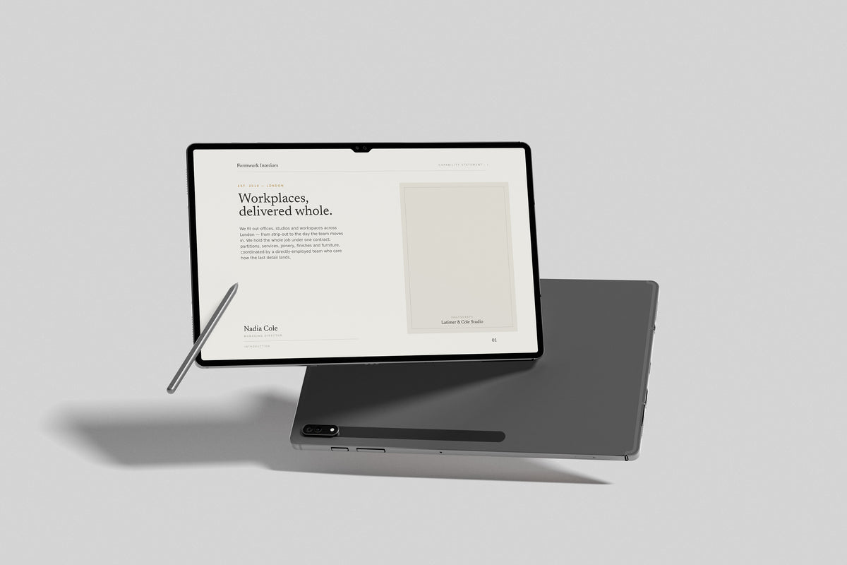Commercial Fit-Out Contractor Project Pack in PowerPoint, inside pages shown on a tablet