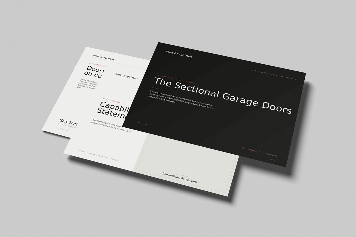 Garage Door Installer Project Pack in PowerPoint, printed pages floating