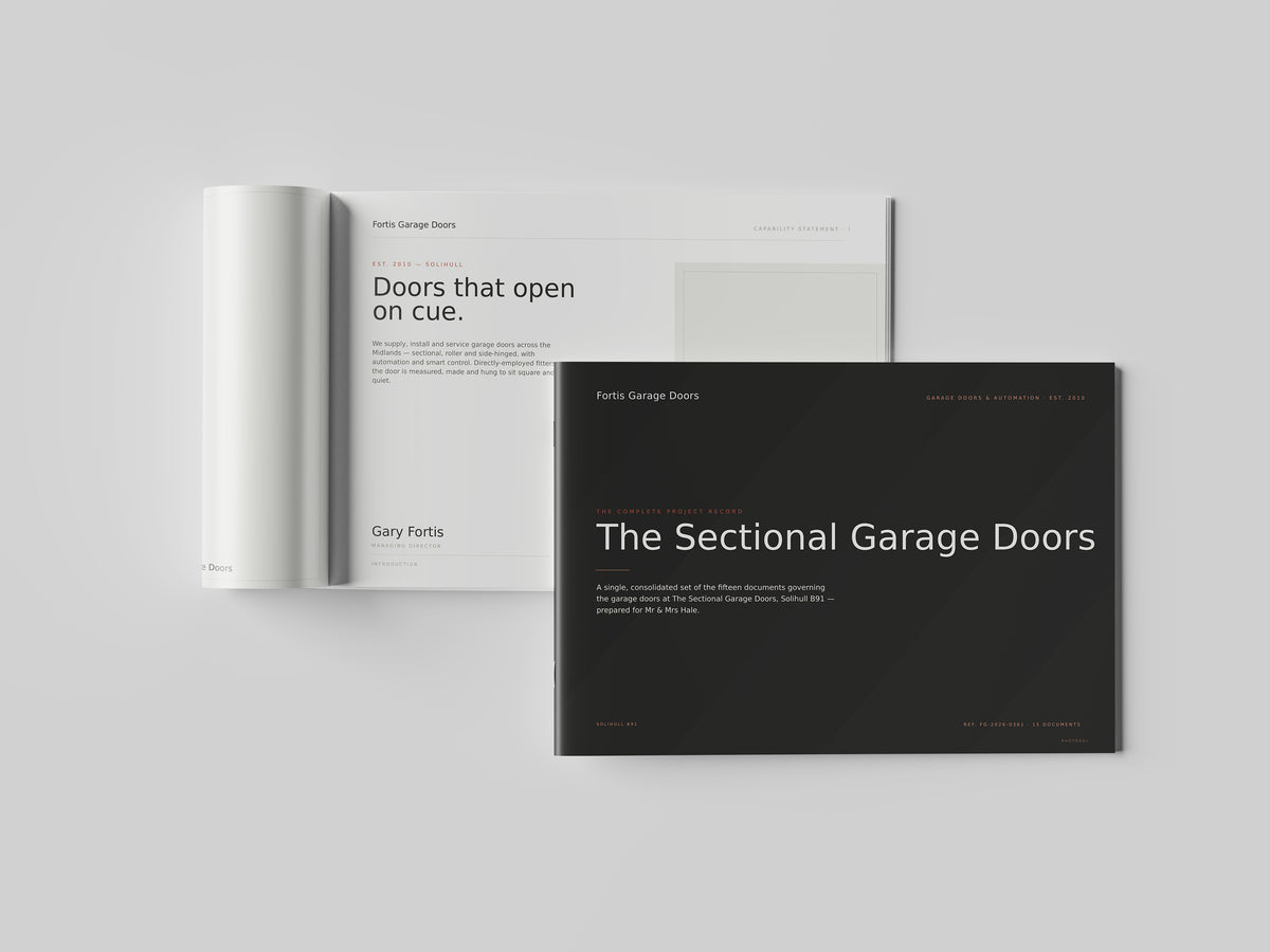 Garage Door Installer Project Pack in PowerPoint, printed and open at an inside page