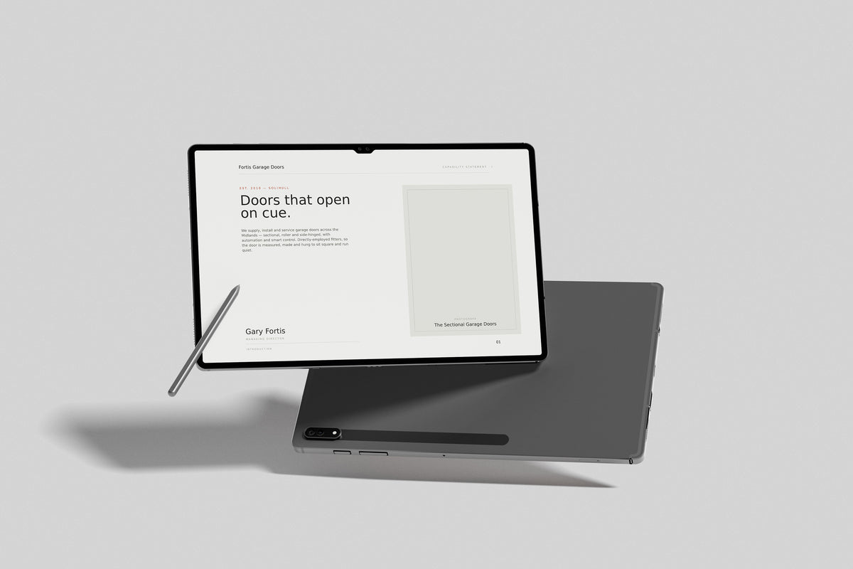 Garage Door Installer Project Pack in PowerPoint, inside pages shown on a tablet