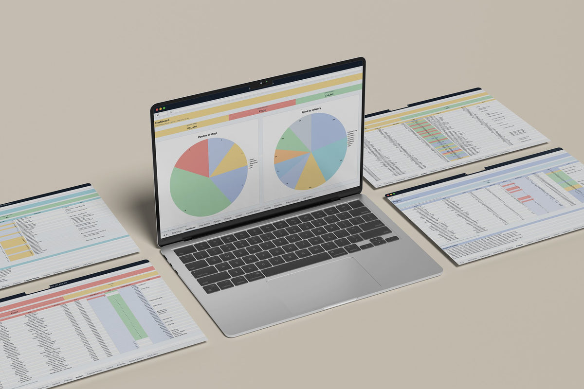Freelancer OS Excel template, Dashboard tab on a laptop screen