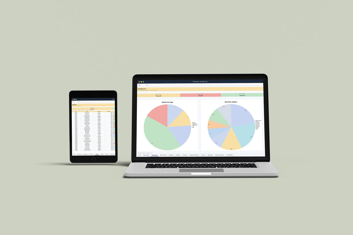 Freelancer OS Excel template on a MacBook and iPad