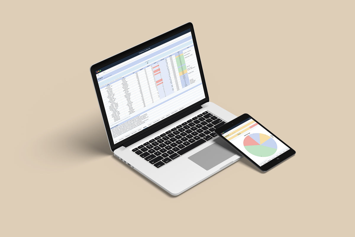 Freelancer OS Excel template on a MacBook and iPad, second view